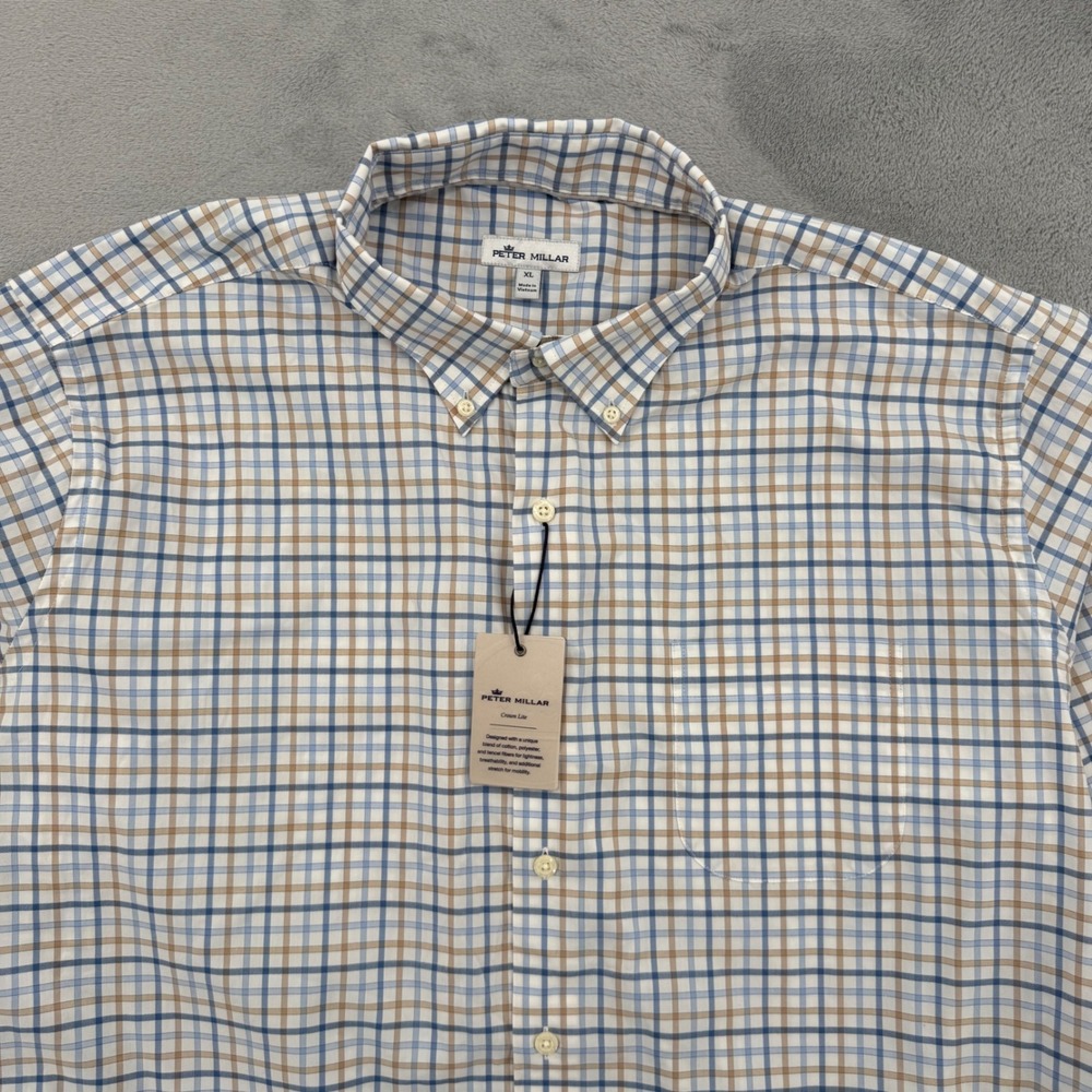 Peter Millar Crown Lite Mens Blue Tan Plaid Button Down Shirt Casual Size XL - Picture 14 of 16